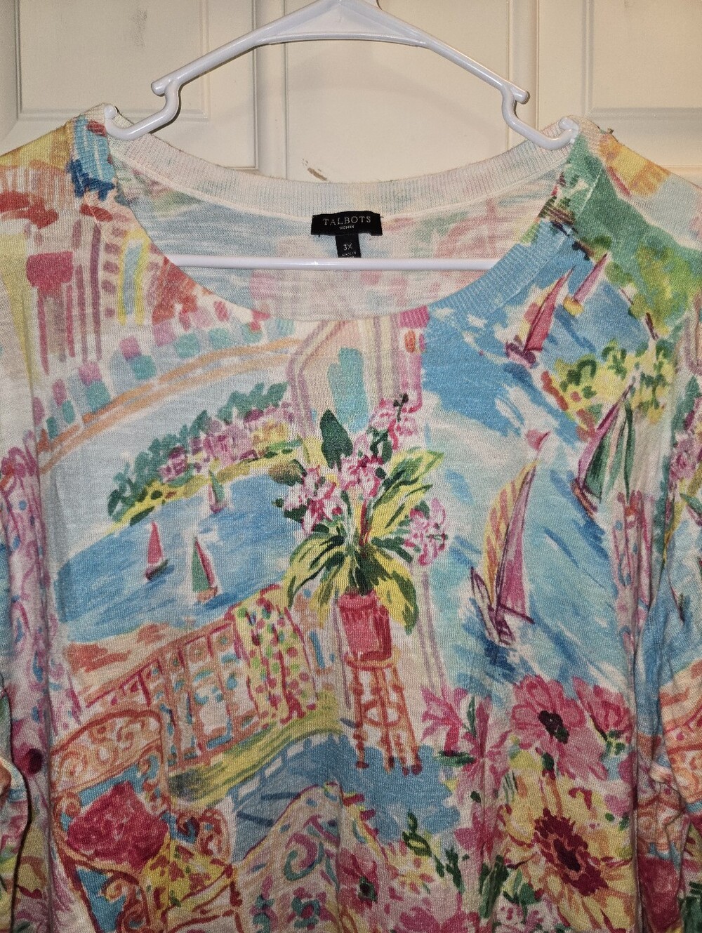Talbots Multicolor Floral Scenic Short Sleeve Tee in Pink Blue Green Yellow - Picture 2 of 8